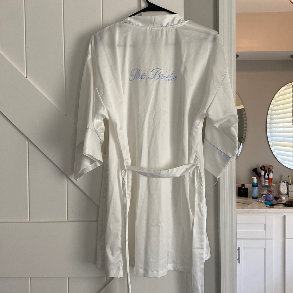 White Bride Robe with light blue trim